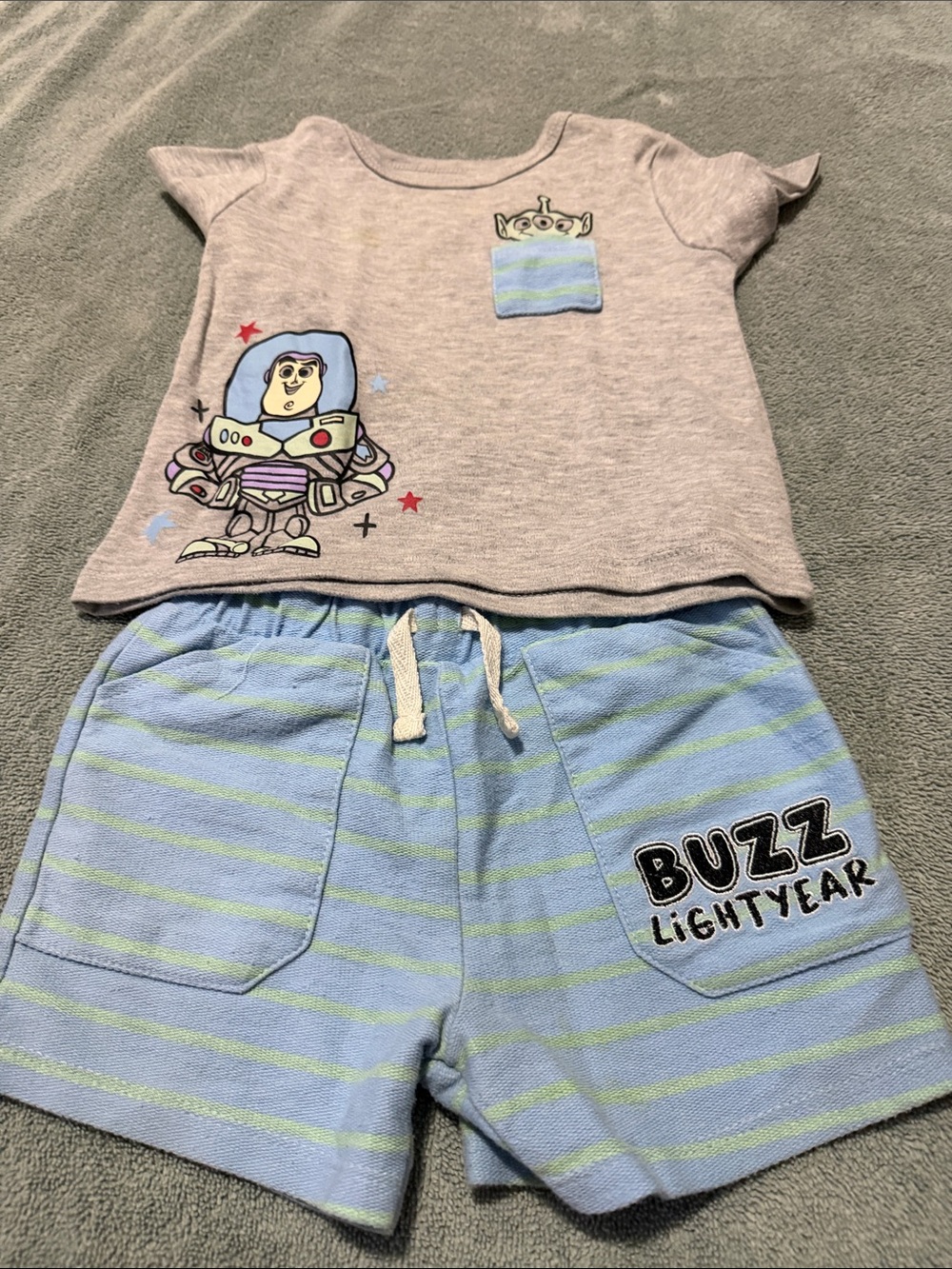 Disney Buzz Lightyear Gray Top with Light Blue & Green Striped Shorts Pajama Set